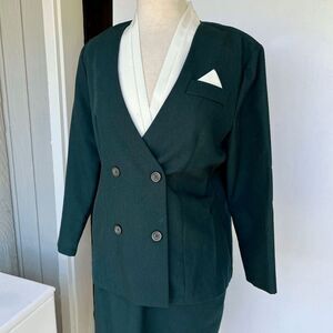 VTG 80s Good Times Green Skirt Suit SZ L Contrast Collar Double Breasted